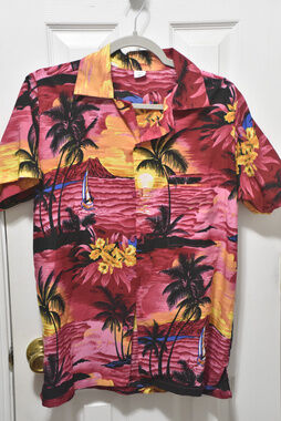 VHO Tropical Hawaiian Shirt Pink Palm Sunset Small LSC381